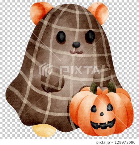 Cartoon of a little hamster ghost holding a pumpkin Cartoon of a little hamster ghost holding a pumpkin 129975090