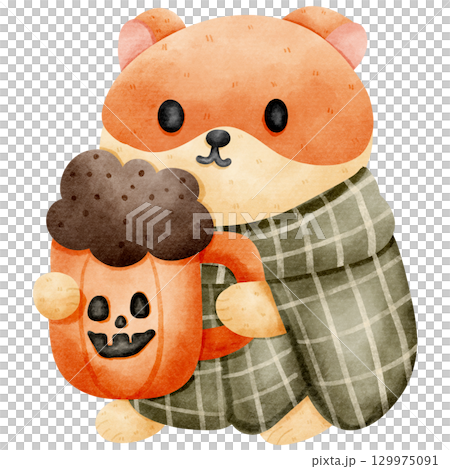 Cartoon of a hamster holding a glass of pumpkin drink Cartoon of a hamster holding a glass of pumpkin drink 129975091