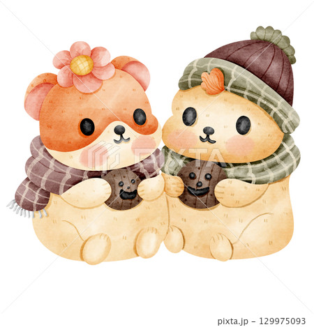 Cartoon of a hamster couple wearing hats and scarves eating ghost cookies 129975093