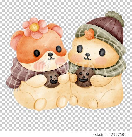 Cartoon of a hamster couple wearing hats and scarves eating ghost cookies 129975093