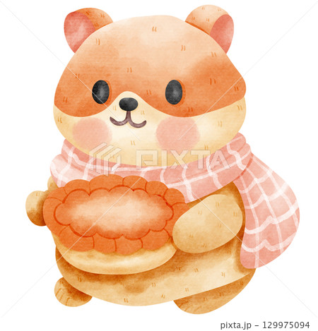 Cartoon of a hamster holding a pumpkin pie 129975094