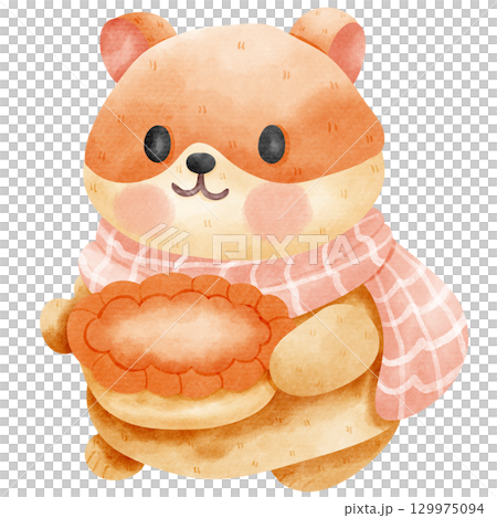 Cartoon of a hamster holding a pumpkin pie 129975094