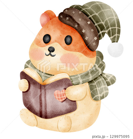 Cartoon of a hamster wearing a hat and scarf sitting and reading a book 129975095