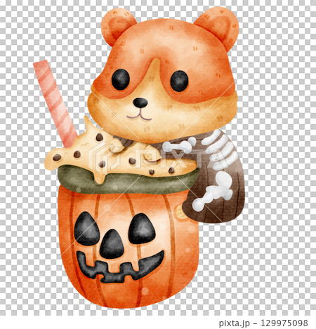 Cartoon of a hamster skeleton and a glass of pumpkin latte 129975098