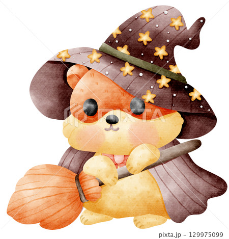 Halloween Witch Hamster and Broom Cartoon 129975099