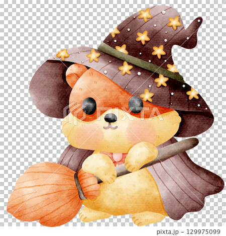 Halloween Witch Hamster and Broom Cartoon 129975099