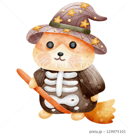 Halloween Skeleton Witch Hamster Riding a Broomstick Cartoon 129975101