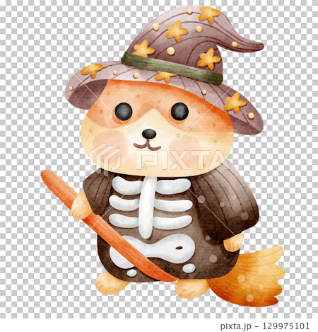 Halloween Skeleton Witch Hamster Riding a Broomstick Cartoon 129975101