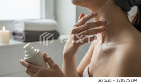 Woman Applying Cream to Neck and Decollete 129975194
