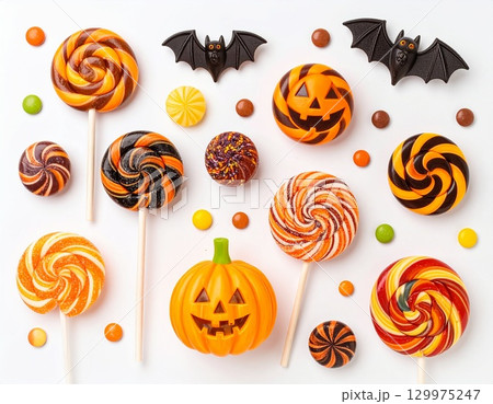 ミニマルなハロウィンキャンディとロリポップ（白背景・フラットデザイン） 129975247