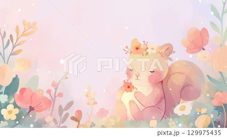 花冠をつけたリスと花々のファンタジーイラスト 129975435