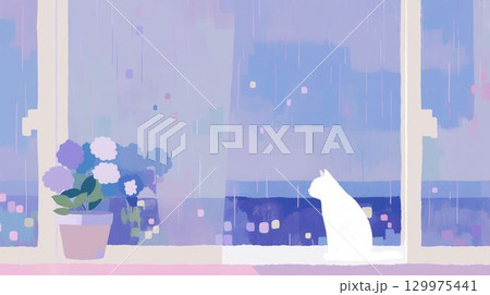 雨の日の窓辺に座る白猫と紫陽花のイラスト 129975441