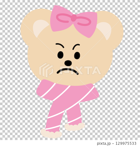 Cute Christmas illustration of grumpy teddy bear wearing pink scarf and pink ribbon for Christmas decoration, festive winter season, sticker, animal, zoo, cartoon character, expression, mood, costume 129975533