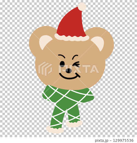 Cute Christmas illustration of teddy bear with wink eye wearing green scarf and Santa hat for Christmas decoration, festive winter season, sticker, animal, zoo, souvenir shop, cartoon characters 129975536