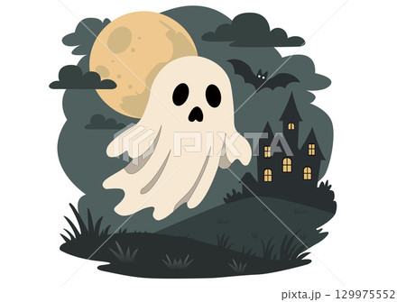 Floating ghost cartoon in a full moon night scene, Halloween theme 129975552
