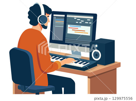 Flat illustration of a producer composing a song in the studio. 129975556