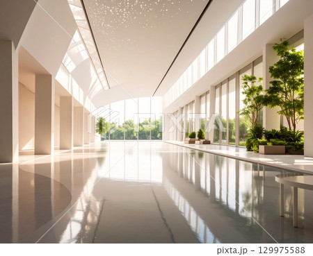 都市の中の癒し、観葉植物と水辺が調和するインテリア 129975588