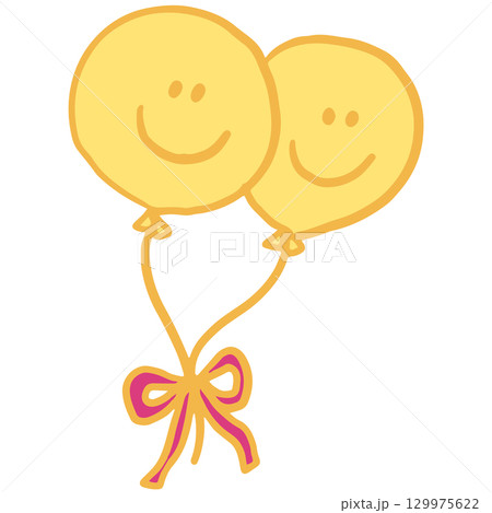 Hand drawn happy yellow balloons for party, celebration, amusement park, sticker, decorations, cute patches, shirt print, brooch, merchandise, logo, icon, kids and children, department store 129975622