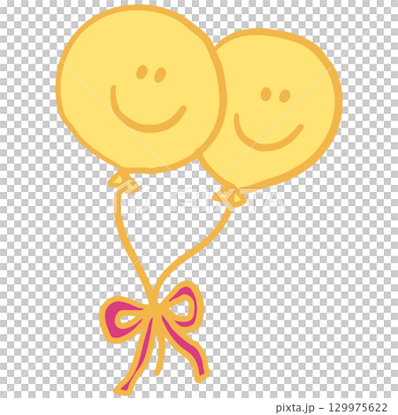 Hand drawn happy yellow balloons for party, celebration, amusement park, sticker, decorations, cute patches, shirt print, brooch, merchandise, logo, icon, kids and children, department store 129975622