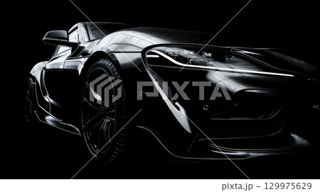 A sleek, high-end black luxury sports car displayed against a dramatic black background in banner format. Generative AI 129975629