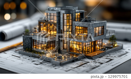 A highly detailed 3D rendering of a house construction project placed over architectural blueprints, representing modern building design, precise planning, and advanced engineering. Generative AI 129975701