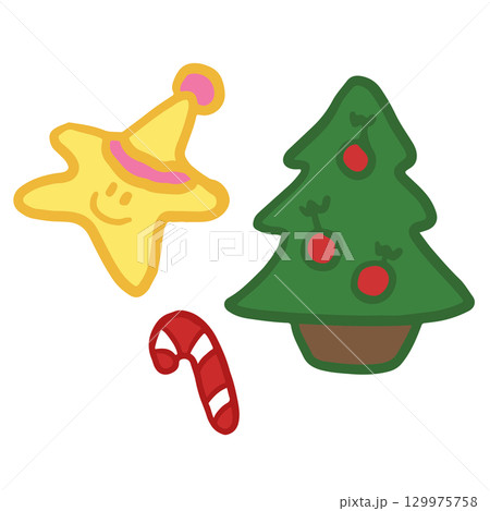 Hand drawn Christmas tree, candy cane, star for Christmas and New Year decoration, ornament, card print, sticker, festive winter, cute patches, shirt print, happy holidays, department store, brooch Hand drawn Christmas tree, candy cane, star for Christmas and New Year decoration, ornament, card print, sticker, festive winter, cute patches, shirt print, happy holidays, department store, brooch 129975758