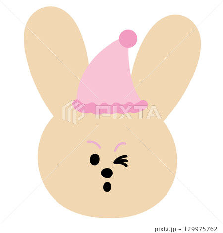 Cute Christmas illustration of bunny with wink eye wearing pink hat for Christmas and New Year decoration, festive winter season, sticker, animal, zoo, rabbit cartoon, character, happy easter, icons Cute Christmas illustration of bunny with wink eye wearing pink hat for Christmas and New Year decoration, festive winter season, sticker, animal, zoo, rabbit cartoon, character, happy easter, icons 129975762