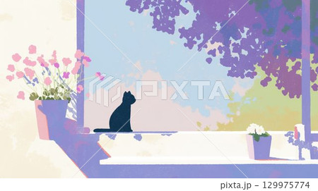 花鉢のそばで外を眺める黒猫のシルエット 129975774