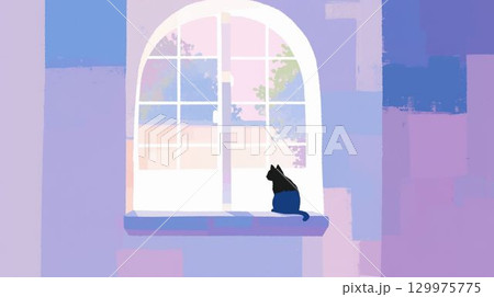 アーチ窓から外を眺める黒猫のイラスト 129975775