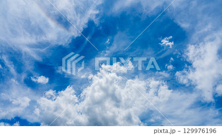 太陽のハロ現象と、二層になって流れるたくさんの白い雲 129976196