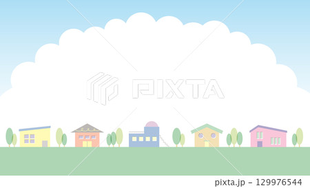 青空と雲を背景にした優しい色の街並みのイラスト 129976544