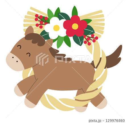 2026年午年のしめ縄と馬のかわいい正月飾りのベクターイラスト。年賀状、干支、十二支 2026年午年のしめ縄と馬のかわいい正月飾りのベクターイラスト。年賀状、干支、十二支 129976860