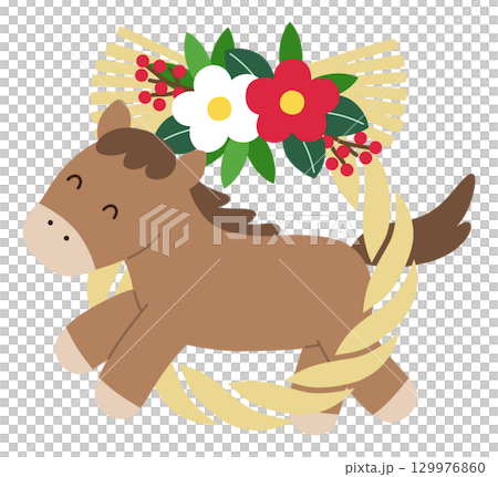 A vector illustration of a cute New Year's decoration of a horse and a shimenawa rope for the Year of the Horse in 2026. New Year's card, zodiac, zodiac sign A vector illustration of a cute New Year's decoration of a horse and a shimenawa rope for the Year of the Horse in 2026. New Year's card, zodiac, zodiac sign 129976860