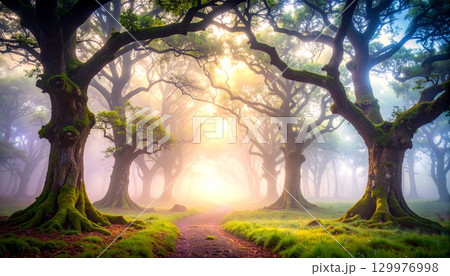 神秘的な森の道：霧に包まれた古代の木々が織りなす幻想的な風景 129976998