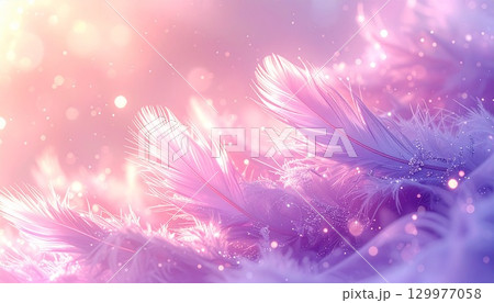 柔らかな羽根と光の輝く幻想的な背景 129977058