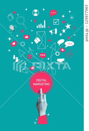 Set of icons for digital marketing strategy. Branding, website development, advertising, social media marketing, content management. Concept of social media marketing development. AD poster 129977065