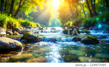 清流のきらめき、木漏れ日が差す夏の森 清流のきらめき、木漏れ日が差す夏の森 129977095