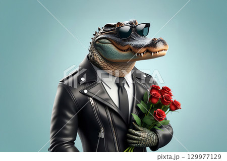 Anthropomorphic alligator in leather jacket and sunglasses holding bouquet of red roses on teal background. romantic and edgy theme. Valentines Day and love concept. cards, invitations, and posters 129977129
