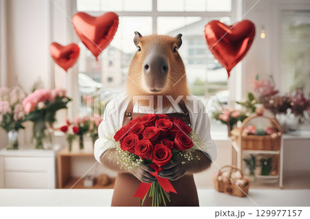 capybara holding bouquet of red roses with ribbon, looking at camera, wearing brown apron and white shirt, blurred florist shop in background, heart shape red foil balloons, Valentines Day concept. capybara holding bouquet of red roses with ribbon, looking at camera, wearing brown apron and white shirt, blurred florist shop in background, heart shape red foil balloons, Valentines Day concept. 129977157