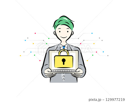 データのセキュリティや機密情報(個人情報)の漏洩対策をするビジネスマン|ビジネスシーン データのセキュリティや機密情報(個人情報)の漏洩対策をするビジネスマン|ビジネスシーン 129977219