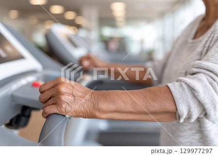 Elderly woman using a treadmill in a modern gym, wearing a light sweater, focusing on maintaining physical health and staying active through regular cardio exercise 129977297