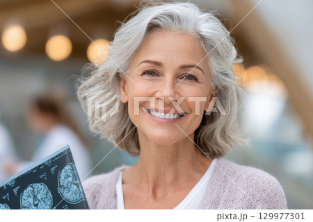 Elderly woman smiling and holding a brain scan result, wearing a light sweater, standing in a modern medical setting, expressing relief, health awareness and positive outcome 129977301