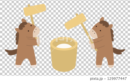 Vector illustration of a horse pounding rice cakes. 2026, Year of the Horse, New Year's card, New Year, zodiac sign 129977447