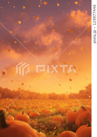 【秋素材】夕暮れのパンプキン畑と舞い散る落ち葉・ハロウィン風背景 129977448