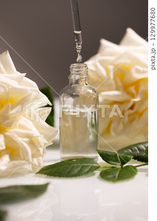 Rose Oil Dropper Beside White Roses and Leaves for Natural Beauty Care Rose Oil Dropper Beside White Roses and Leaves for Natural Beauty Care 129977680