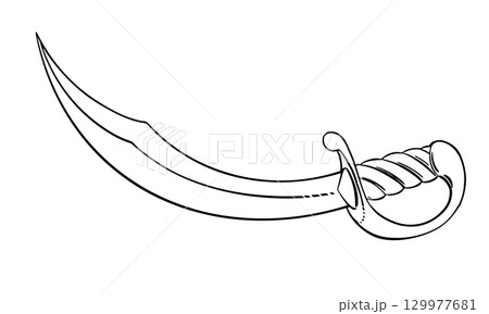 Curved vector silhouette of arabian sword. Cold weapon. Pirate cutlass. Corsair's broadsword with a wide blade. Linear drawing on a white background. Curved vector silhouette of arabian sword. Cold weapon. Pirate cutlass. Corsair's broadsword with a wide blade. Linear drawing on a white background. 129977681