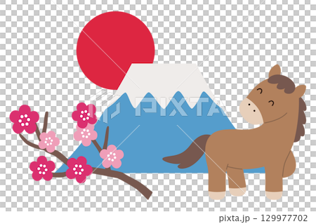 2026年午年の正月飾りのベクターイラスト。馬、富士山、梅の花、日の出、年賀状、干支、十二支 129977702