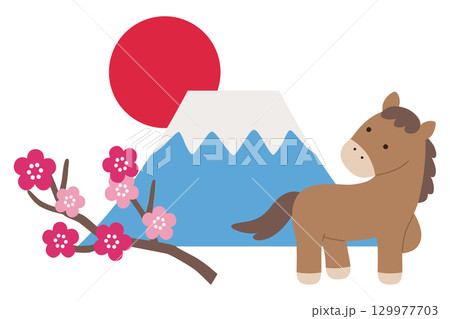2026年午年の正月飾りのベクターイラスト。馬、富士山、梅の花、日の出、年賀状、干支、十二支 129977703