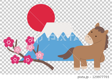 2026年午年の正月飾りのベクターイラスト。馬、富士山、梅の花、日の出、年賀状、干支、十二支 129977703