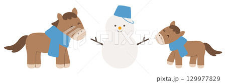 雪だるまを作る馬の親子のベクターイラスト。冬、午年、年賀状、干支、2026年 129977829